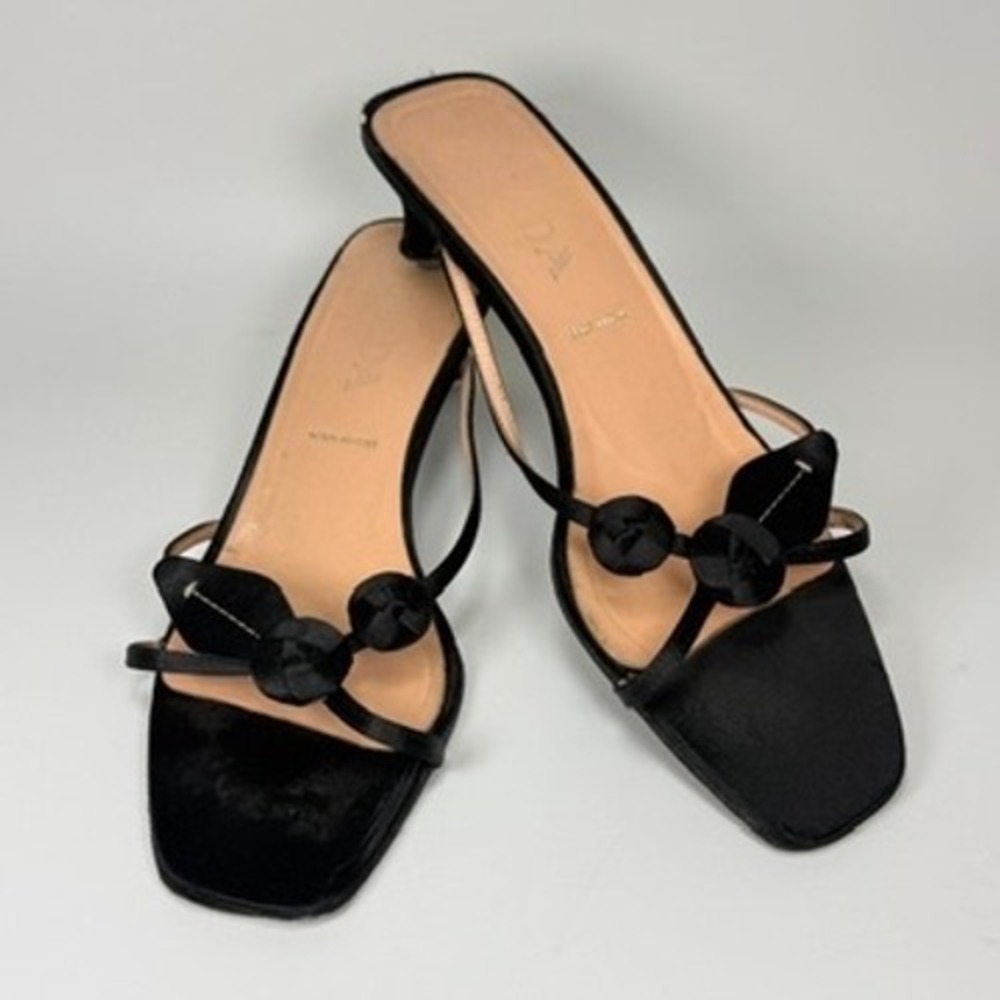 Prada Womens 39.5 Black Satin Strappy Kitten Heel Sandals Mules Y2K Italy - Picture 4 of 16